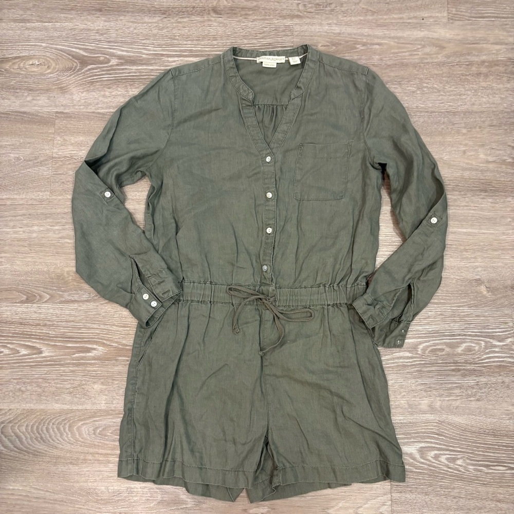 Cynthia Rowley 100% linen Green Button-Up Romper Long Sleeves sz S